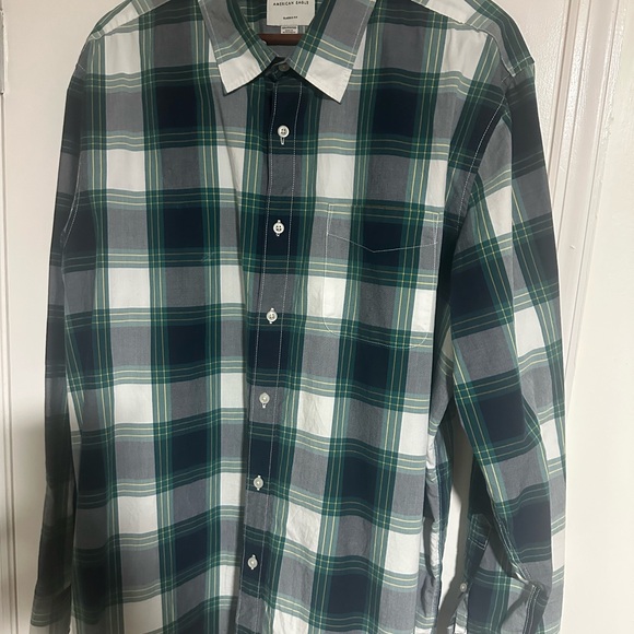 American Eagle Outfitters Men's Plaid Shirt - Green, Gray, and White - Picture 3 of 7
